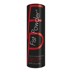 A black cylindrical container displays the product "Fist Powder" in large red and white letters. Below it, the label includes "THE FP COMPANY PARIS, HYPOALLERGENIC INSTANT BODY LUBRICANT, Net Wt: 2.3 oz 65g.