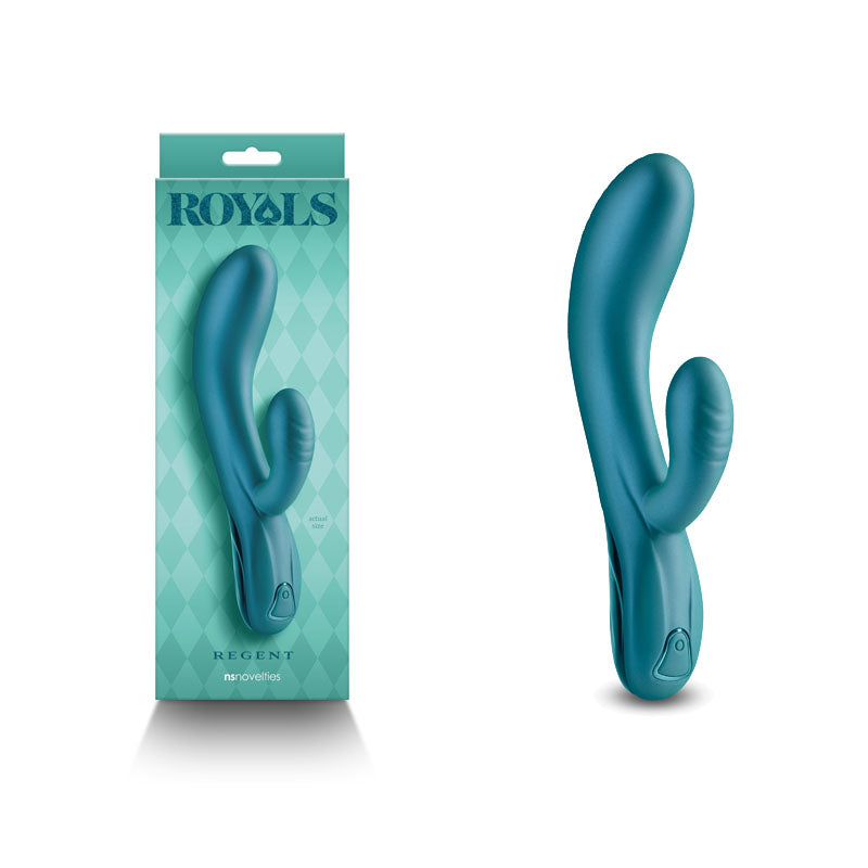 A metallic green adult toy designed for dual stimulation is displayed next to its matching turquoise packaging. The package features a diamond pattern and the word "ROYALS" at the top. This rechargeable vibrator, named Royals - Regent, boasts multiple speeds and two curved ends, one smaller and one larger, catering to both internal and external use.