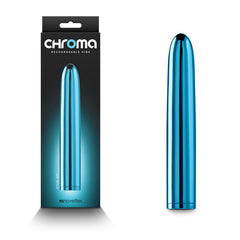 A sleek teal multi-speed rechargeable vibrator next to its packaging, which features a matching image of the product and the text "Chroma Vibrator - Teal" on a black background. The packaging also displays the branding of "NS Novelties.