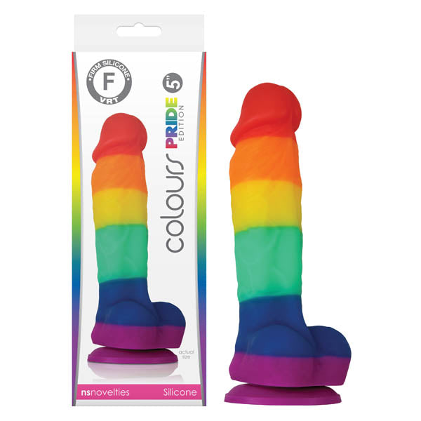 Introducing the Colours Pride Edition - 5'' Dong, a vibrant and colorful dildo featuring distinct sections of red, orange, yellow, green, blue, and purple. This playful toy comes with a suction base for versatile use and is showcased alongside its "Colours Pride Edition" packaging from "nsnovelties Platinum Silicone." Perfect for anyone looking to celebrate pride with a bright and lively dong.