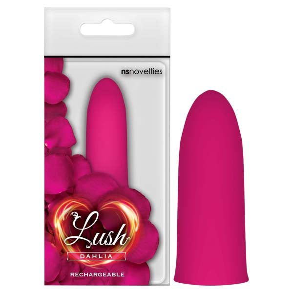 A product image of NS Novelties' Lush Dahlia Pink Bullet Vibrator, a mini rechargeable pink silicone vibrator. The water-resistant packaging features the product name beneath an arrangement of pink petals. The vibrator is displayed next to the box, promising explosive vibrations.