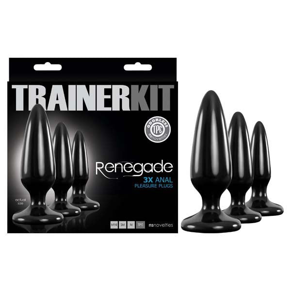 Image of a product package labeled "Renegade Pleasure Butt Plug Trainer Kit." The package includes three tapered black anal plugs of different sizes, arranged next to the box. The box features the brand name "Renegade" and mentions "3X Anal Pleasure Plugs," "Odorless TPE," and the sizes of the plugs.