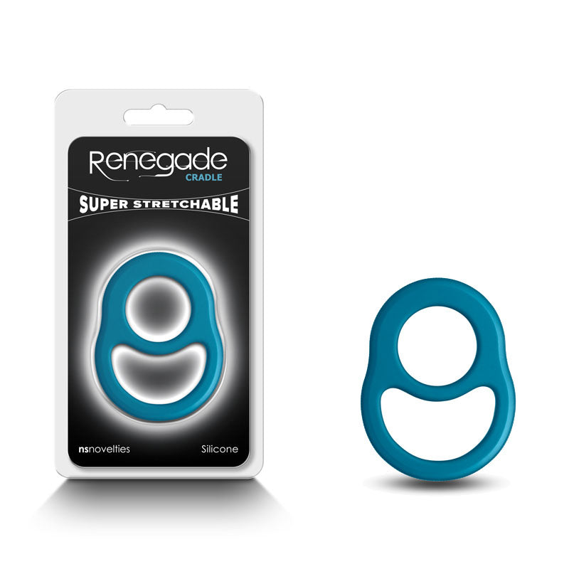 A teal Renegade Cradle Cock Ring is shown both inside its packaging and outside. The black packaging features white text that reads "Renegade Cradle," "Super Stretchable," and "nsnovelties, Silicone." Renegade rings are designed with ergonomic, rounded openings to enhance and prolong pleasure.