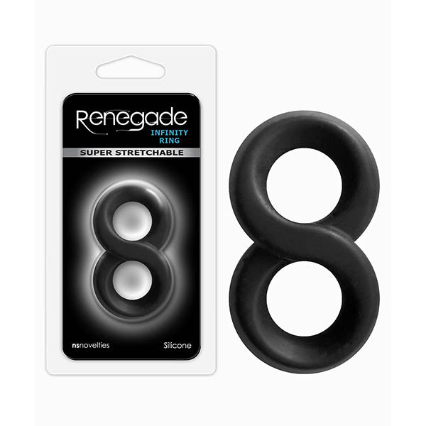 Packaging and product view of the Renegade Infinity Ring - Black Cock & Ball Rings, a super stretchable silicone ring designed for personal use. The product, shaped like the number 8, is shown next to its black and white packaging. Compatible with all lubricants.