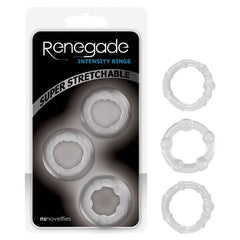 A set of three Renegade Intensity Rings labeled "Super Stretchable" from ns novelties promises maximum pleasure. The packaging showcases three transparent, stretchy rings with bulbous segments, neatly arranged in a vertical line next to the package.