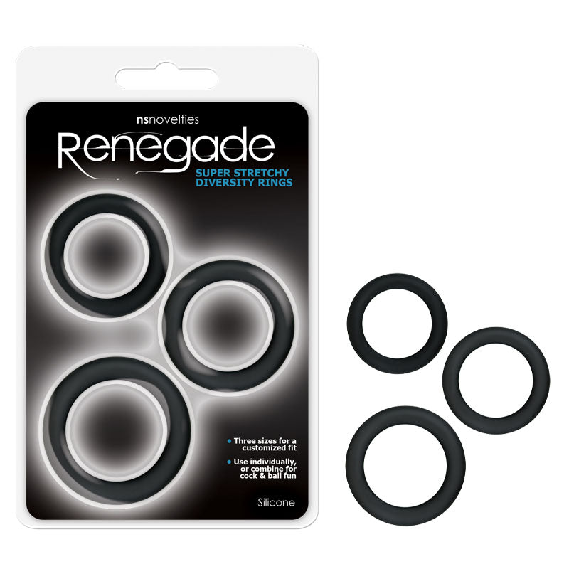 The image shows a product packaging labeled "Renegade Diversity Rings" containing three black silicone rings of varying sizes. Three individual stretchy silicone rings are placed outside the packaging to the right. The packaging boasts a customizable fit for restrictive enjoyment, whether used individually or together.