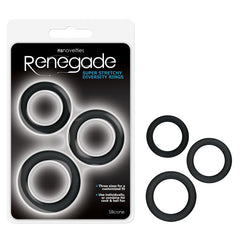 The image shows a product packaging labeled "Renegade Diversity Rings" containing three black silicone rings of varying sizes. Three individual stretchy silicone rings are placed outside the packaging to the right. The packaging boasts a customizable fit for restrictive enjoyment, whether used individually or together.