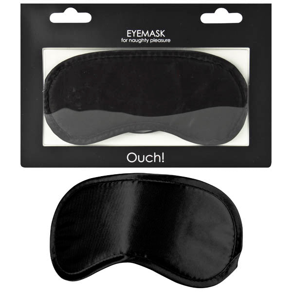 The Ouch! Black Soft Eyemask is shown in both its packaging and separately below. The packaging includes a clear window that reveals the eye mask inside. The label at the top reads "Ouch! Black Soft Eyemask," while "Ouch!" is displayed at the bottom. Made from smooth fabric, the eye mask ignites a spark of sexual lust.