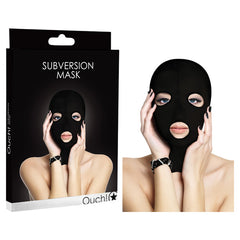 A retail package prominently showcasing the "Ouch Subversion Mask" headlines the product. It features an image of a person wearing a hood with an open mouth and eyes, with black material covering their head and face. The brand "Ouch!" is displayed at the bottom. Ideal for those seeking a submissive incognito look.