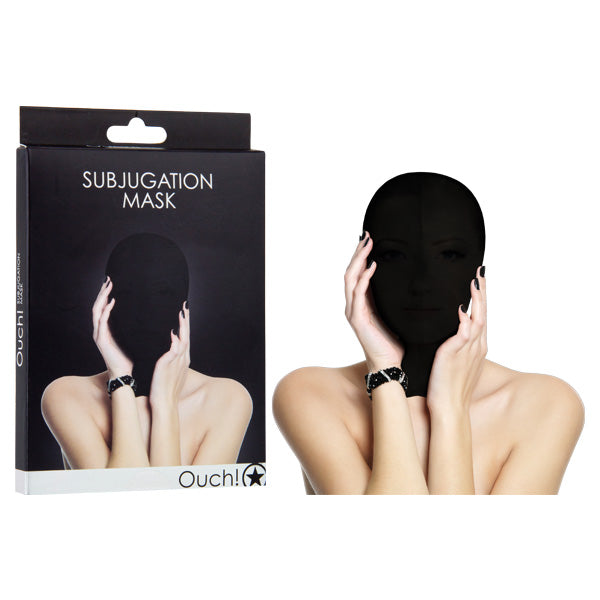 A product image displays a person wearing the Ouch Subjugation Mask, made of lightweight black fabric that covers their entire face. The box, labeled "Ouch Subjugation Mask," showcases a similar image. The person depicted has both hands raised to their face. The brand "Ouch!" is prominently featured on the packaging.