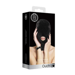 The box of the "Ouch! Velvet & Velcro Mask with Mouth Opening" features an image of a person wearing a black velvet gimp mask with openings for the eyes and mouth. Text on the box highlights "Best British Brand of the Year." The mask is crafted from stretchy material for a comfortable fit.