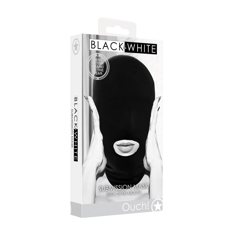 The image shows a product box for an "OUCH!" brand Black & White Submission Mask. The box features a person wearing an impairing vision black mask with an open mouth. The text indicates "Best Fashion Brand of the Year" and highlights the product name "Black & White Submission Mask.