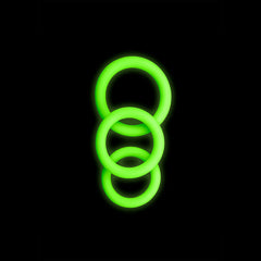 The OUCH! Glow In The Dark Cock Ring Set features a black background showcasing three vertically arranged, intersecting green neon rings that glow in the dark. The vibrant and striking visual effect is enhanced by the middle ring overlapping both the top and bottom rings.