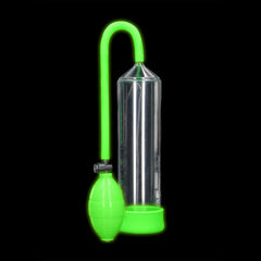 The OUCH! Glow In The Dark Classic Penis Pump is a transparent cylindrical device featuring a vivid green pump and tubing, typically utilized as a vacuum pump. This multi-functional tool is also popular among bondage products for specialized applications.