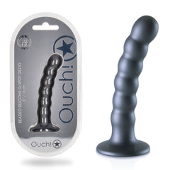 The image shows a blue 5''/13cm OUCH! Beaded Silicone G-Spot Dildo with a strong suction cup base, standing upright next to its packaging. The packaging features a clear window displaying the dildo and is labeled with "OUCH!" and "Beaded Silicone G-Spot Dildo" in metallic lettering.