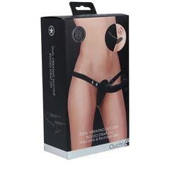 OUCH! Dual Vibrating Silicone Ridged Strap-On Dildo - Black