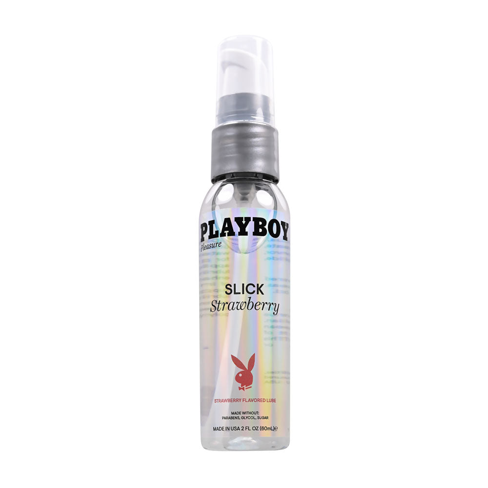 A bottle of Playboy Pleasure Slick Strawberry personal lubricant with a spray nozzle, on a white background.