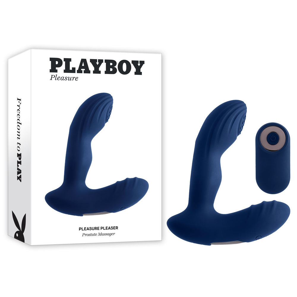 Dark blue Playboy Pleasure PLEASURE PLEASER Prostate Massager Butt Plug featuring a vibrating handle and a remote control positioned next to its packaging. The packaging displays the Playboy logo, the label "PLAYBOY Pleasure," and detailed product information, emphasizing its body-safe silicone material.