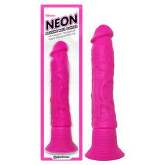 In the image, a pink Neon Silicone Wall Banger from Pipedream is showcased. This silicone dildo features a realistic design, ten vibrating functions, waterproof capabilities, and a powerful suction-cup base. On the left side of the image, the product is displayed in its packaging with the text "NEON Silicone Wall Banger," while on the right side it is shown outside of its packaging.