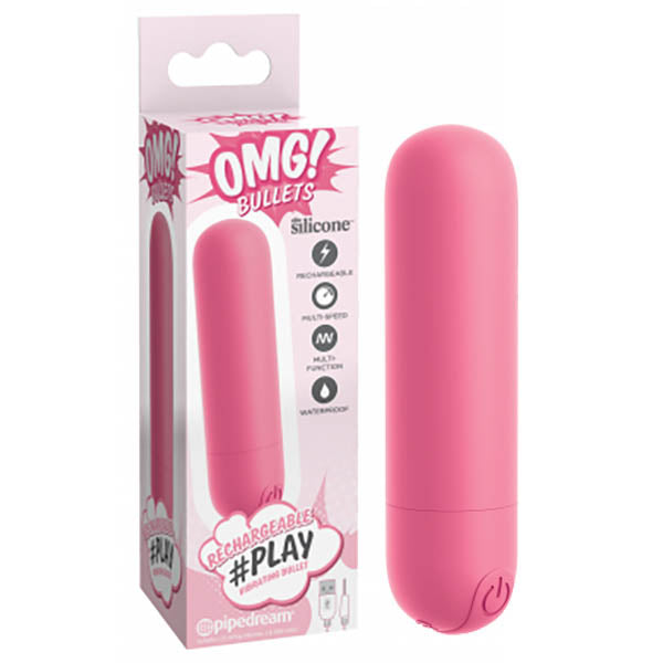 A pink silicone vibrator, named "OMG! Bullets #Play - Pink USB Rechargeable Bullet," is pictured next to its box. The box's stylish design features a pink and white color scheme. Notable features highlighted include 10 vibration modes, multi-functionality, USB rechargeability, silicone material construction, and waterproof capabilities.