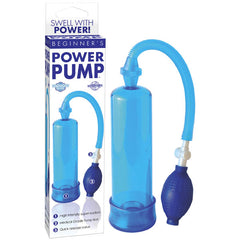 A blue vacuum pump labeled "Beginner's Power Pump - Blue Penis Pump" is displayed beside its packaging. The device features a transparent cylinder connected by a flexible blue tube to a medical-style pump ball, promising rock-hard erections. The packaging includes product information and the slogan "Swell with Power!
