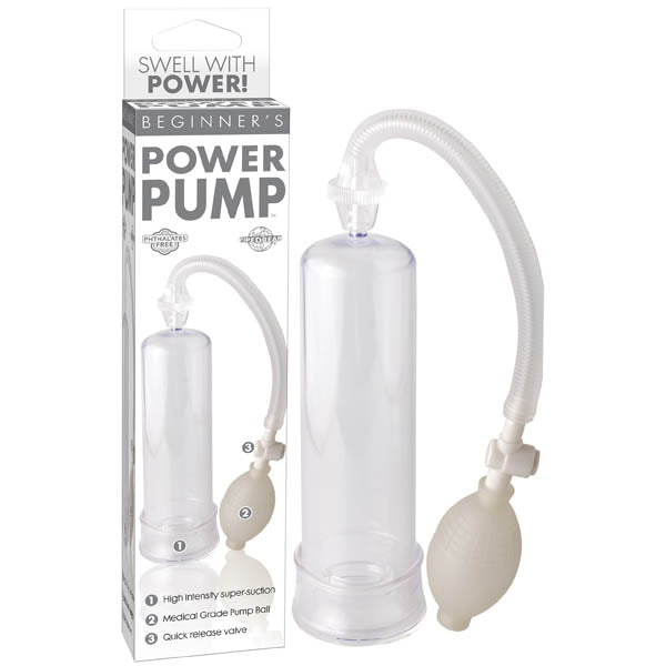 The Beginner's Power Penis Pump - Clear in its packaging features a transparent cylindrical chamber connected to a flexible white tube and a beige hand pump. The text highlights throbbing rock-hard erections, high-intensity super suction, a medical-style pump ball, and a quick release valve.