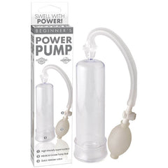 The Beginner's Power Penis Pump - Clear in its packaging features a transparent cylindrical chamber connected to a flexible white tube and a beige hand pump. The text highlights throbbing rock-hard erections, high-intensity super suction, a medical-style pump ball, and a quick release valve.