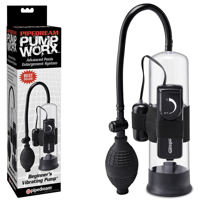 Packaging and device of the Pump Worx Beginner's Vibrating Penis Pump. This product includes a transparent cylinder with an attached black hose, pumping bulb, quick-release valve, vibrating mechanism, and control box. The packaging features a photo of the pump and labels it as ideal for achieving rock-hard erections.