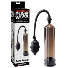 Packaging and product image of the Pump Worx Euro Penis Pump, a high-tech penis enlargement system. The device features a transparent cylindrical pump with measurement markings, connected to a black medical-style pump ball via a flexible hose.