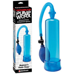 Image of the Pump Worx Beginner's Blue Power Penis Pump. The product features a cylindrical vacuum tube, an enhancement ring, and a flexible hose attached to a manual squeeze bulb for creating pressure. The packaging displays the same blue pump with details promising bigger erections.