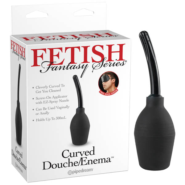 The packaging and product of the Fetish Fantasy Series Curved Douche/Enema: This silicone-based cleansing bulb is black with a curved nozzle and a bulbous base, tailored for personal hygiene. The box displays an image of the product alongside a blindfolded person.