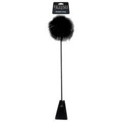 Image of the Fetish Fantasy Series Limited Edition Feather Crop, showcasing a fluffy pom-pom at one end and a flat paddle tip at the other. The label displays the brand name "Fetish." This crop, featuring faux feathers, is designed as an accessory for various forms of adult play.