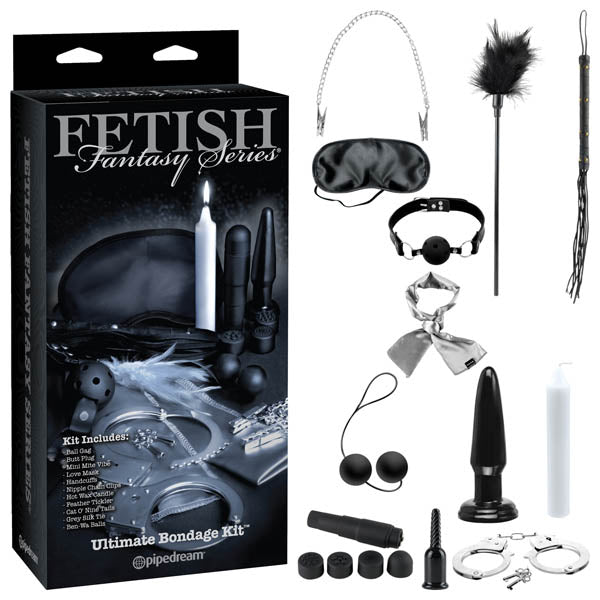 Image of the "Fetish Fantasy Series Limited Edition Ultimate Bondage Kit" by Pipedream. This all-in-one kit transforms any space into an erotic playground with a mask, ball gag, feather tickler, restraints, whip, candles, dildos and plugs, nipple clamps, and handcuffs—all displayed next to the box.