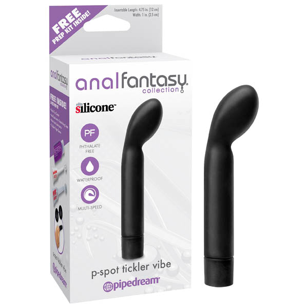 The image showcases the packaging for Pipedream's "Anal Fantasy Collection P-spot Tickler Vibrator," made from Elite Silicone to offer exceptional anal stimulation. The text on the box emphasizes features such as being waterproof, phthalate-free, and equipped with multi-speed vibrations. The product is black in color.
