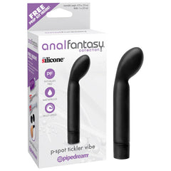 The image showcases the packaging for Pipedream's "Anal Fantasy Collection P-spot Tickler Vibrator," made from Elite Silicone to offer exceptional anal stimulation. The text on the box emphasizes features such as being waterproof, phthalate-free, and equipped with multi-speed vibrations. The product is black in color.