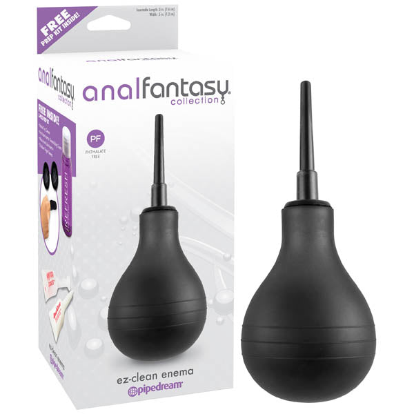 A black Anal Fantasy Collection EZ-Clean Enema bulb with a rounded base and a slender nozzle, displayed next to its packaging box. The box bears the brand name "Anal Fantasy Collection" and showcases the enema bulb along with a purple banner stating "PF," indicating that the product is phthalate-free and perfect for anal play.
