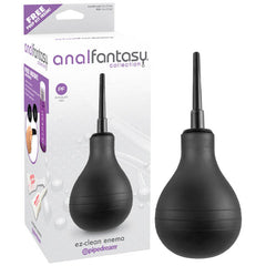A black Anal Fantasy Collection EZ-Clean Enema bulb with a rounded base and a slender nozzle, displayed next to its packaging box. The box bears the brand name "Anal Fantasy Collection" and showcases the enema bulb along with a purple banner stating "PF," indicating that the product is phthalate-free and perfect for anal play.