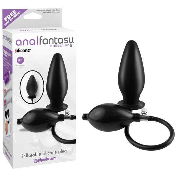 A product photo of the "Anal Fantasy Collection Inflatable Silicone Butt Plug" by Pipedream showcases the Elite Silicone plug next to its packaging, featuring an image of the plug, the company logo, a "Free Prep Kit" note, and product description.