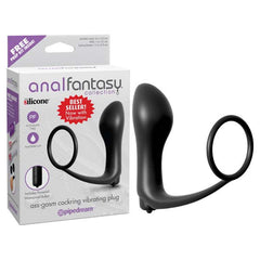 A product box labeled "Anal Fantasy Collection Ass-gasm Cock Ring Butt Plug" showcases an Elite Silicone vibrating plug with a ring attachment. The box highlights features such as being waterproof and includes a powerful bullet. It also has a "Best Seller" sticker and offers a free eye mask.