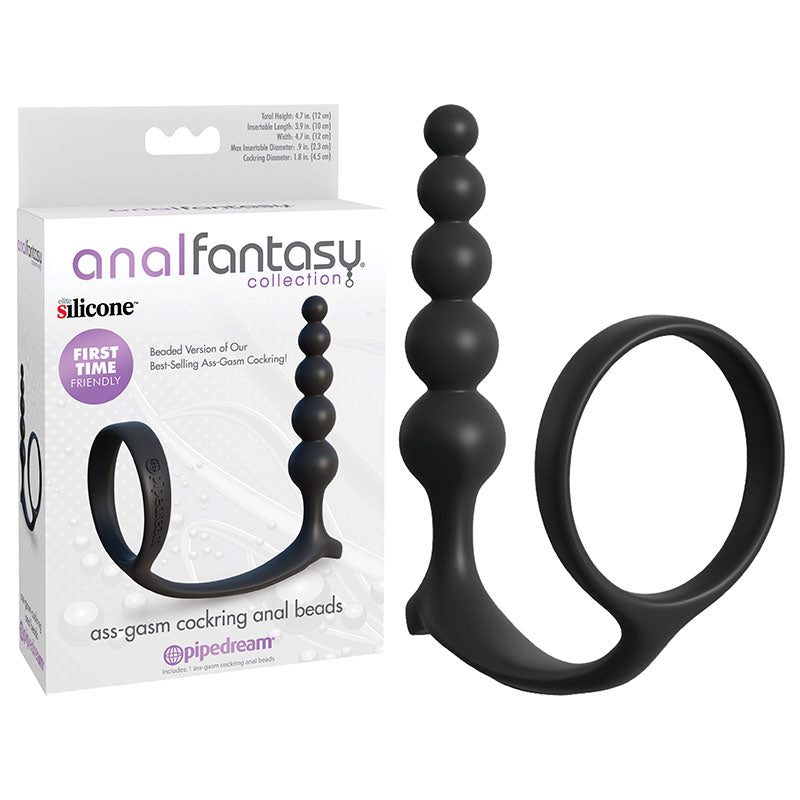Image of a black Elite Silicone cock ring with attached anal beads from Pipedream's "Anal Fantasy Collection Ass-Gasm Cock Ring Anal Beads." The product packaging is also shown, featuring the item name and branding details.