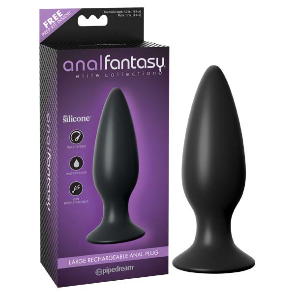 A black butt plug next to its packaging. The purple packaging features the text "Anal Fantasy® Elite Collection" at the top and highlights that the product is made from Elite Silicone™, is multi-speed, waterproof, and offers USB rechargeable technology. This item is called the Anal Fantasy Elite Collection Large Rechargeable Anal Butt Plug.