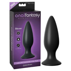 A black butt plug next to its packaging. The purple packaging features the text "Anal Fantasy® Elite Collection" at the top and highlights that the product is made from Elite Silicone™, is multi-speed, waterproof, and offers USB rechargeable technology. This item is called the Anal Fantasy Elite Collection Large Rechargeable Anal Butt Plug.