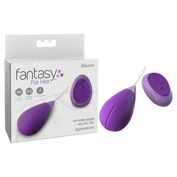 Packaging for the "Fantasy For Her Remote Kegel Excite-Her Vibrator." The image showcases the purple device with a wireless remote control, emphasizing features like vibrations and rechargeability. The packaging proudly displays the brand and product name, highlighting this G-Spot orgasms-enhancing tool with clear images of the device.