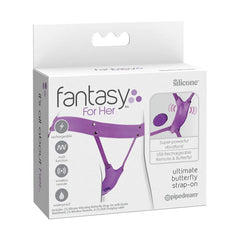 The image shows the packaging of the "Fantasy For Her Ultimate Butterfly Strap-On Vibrator" by Pipedream. It is a rechargeable, waterproof device made of silicone, featuring 10 vibration modes and a wireless remote control for super-powerful vibrations. The product is mainly purple in color.