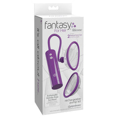 The image shows a product box for the "Fantasy For Her Rechargeable Pussy Pump Kit" by Pipedream. The box is white with purple accents and images of the product, which includes two different sizes of pressure pump cups, a main pumping device, and highlights its adjustable suction speeds.