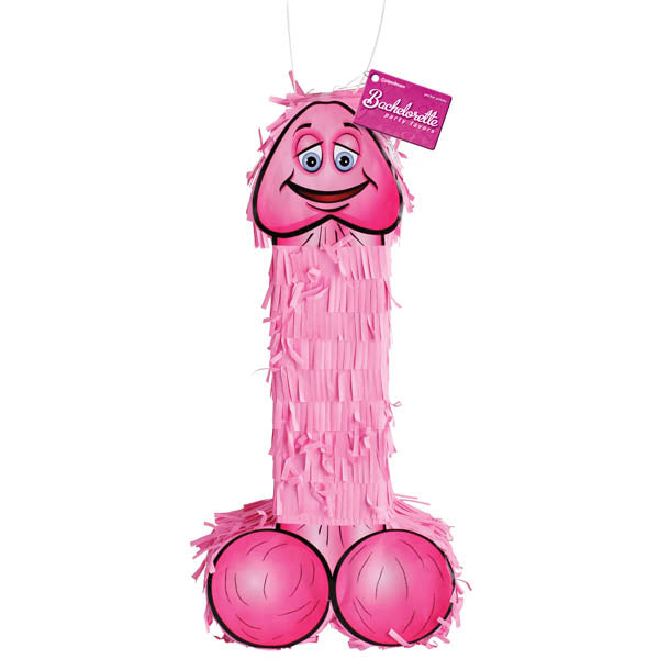 The Bachelorette Party Favors Pecker Piñata - Pink Hen's Night Novelty is a hilarious pink piñata humorously shaped like a penis, featuring fringe details and two round shapes at the base. It comes complete with a smiling face near the top and a small tag that reads "Bachelorette"—perfect for any unforgettable bachelorette party.