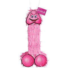 The Bachelorette Party Favors Pecker Piñata - Pink Hen's Night Novelty is a hilarious pink piñata humorously shaped like a penis, featuring fringe details and two round shapes at the base. It comes complete with a smiling face near the top and a small tag that reads "Bachelorette"—perfect for any unforgettable bachelorette party.