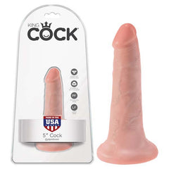 The packaging for the King Cock 5'' Cock features a realistic 5-inch dildo, flesh-colored and made from body-safe materials. The package showcases the brand name, various icons indicating its features like a suction cup base, and proudly displays a "Made in the USA" label.
