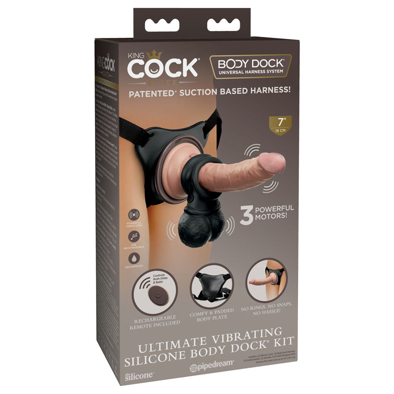 The "King Cock Elite Ultimate Vibrating Silicone Body Dock Kit" includes a 7-inch King Cock Elite silicone dildo that houses three powerful motors and is compatible with a universal harness system. The package showcases innovative features such as a patented suction-based harness system and a rechargeable remote, ensuring intensely stimulating vibrations.