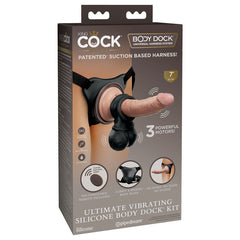 The "King Cock Elite Ultimate Vibrating Silicone Body Dock Kit" includes a 7-inch King Cock Elite silicone dildo that houses three powerful motors and is compatible with a universal harness system. The package showcases innovative features such as a patented suction-based harness system and a rechargeable remote, ensuring intensely stimulating vibrations.